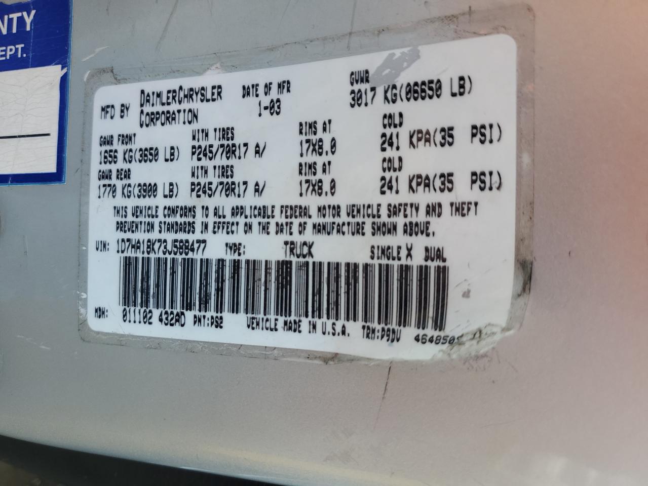 2003 Dodge RAM VIN 1D7HA18K73J588477 Copart auction photo, minor dent/scratches damage thumbnail 12