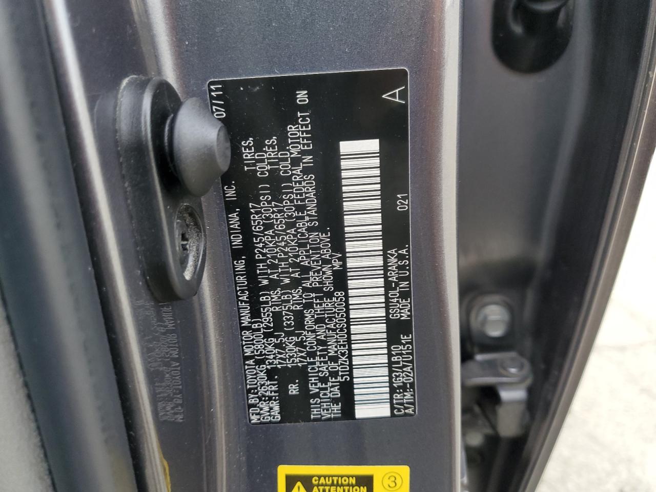 2012 Toyota Highlander VIN 5TDZK3EH0CS050058 Copart auction photo, rear end damage thumbnail 14