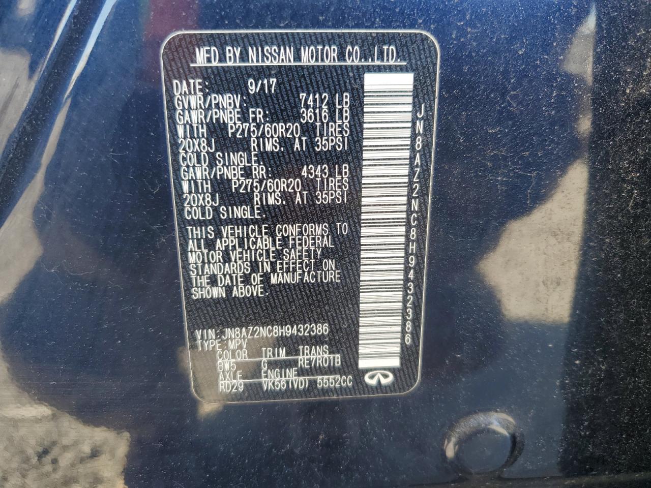 2017 Infiniti QX80 VIN JN8AZ2NC8H9432386 Copart auction photo, rear end / minor dent/scratches damage thumbnail 13