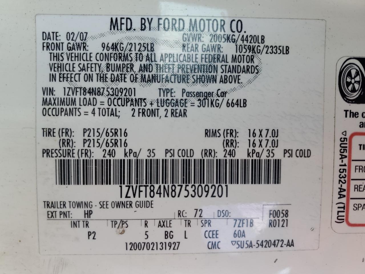2007 Ford Mustang VIN 1ZVFT84N875309201 Copart auction photo, rear end / side damage thumbnail 12