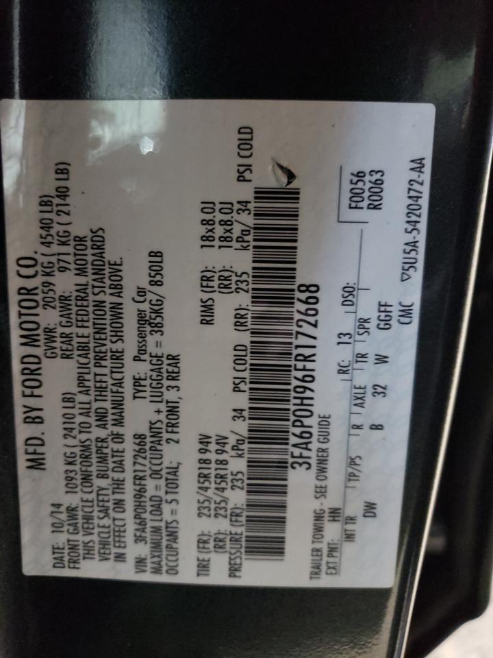 2015 Ford Fusion VIN 3FA6P0H96FR172668 Copart auction photo, rear end / minor dent/scratches damage thumbnail 12