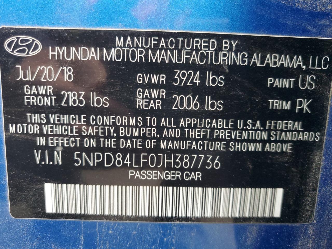 2018 Hyundai Elantra VIN 5NPD84LF0JH387736 Copart auction photo, rear end / minor dent/scratches damage thumbnail 12