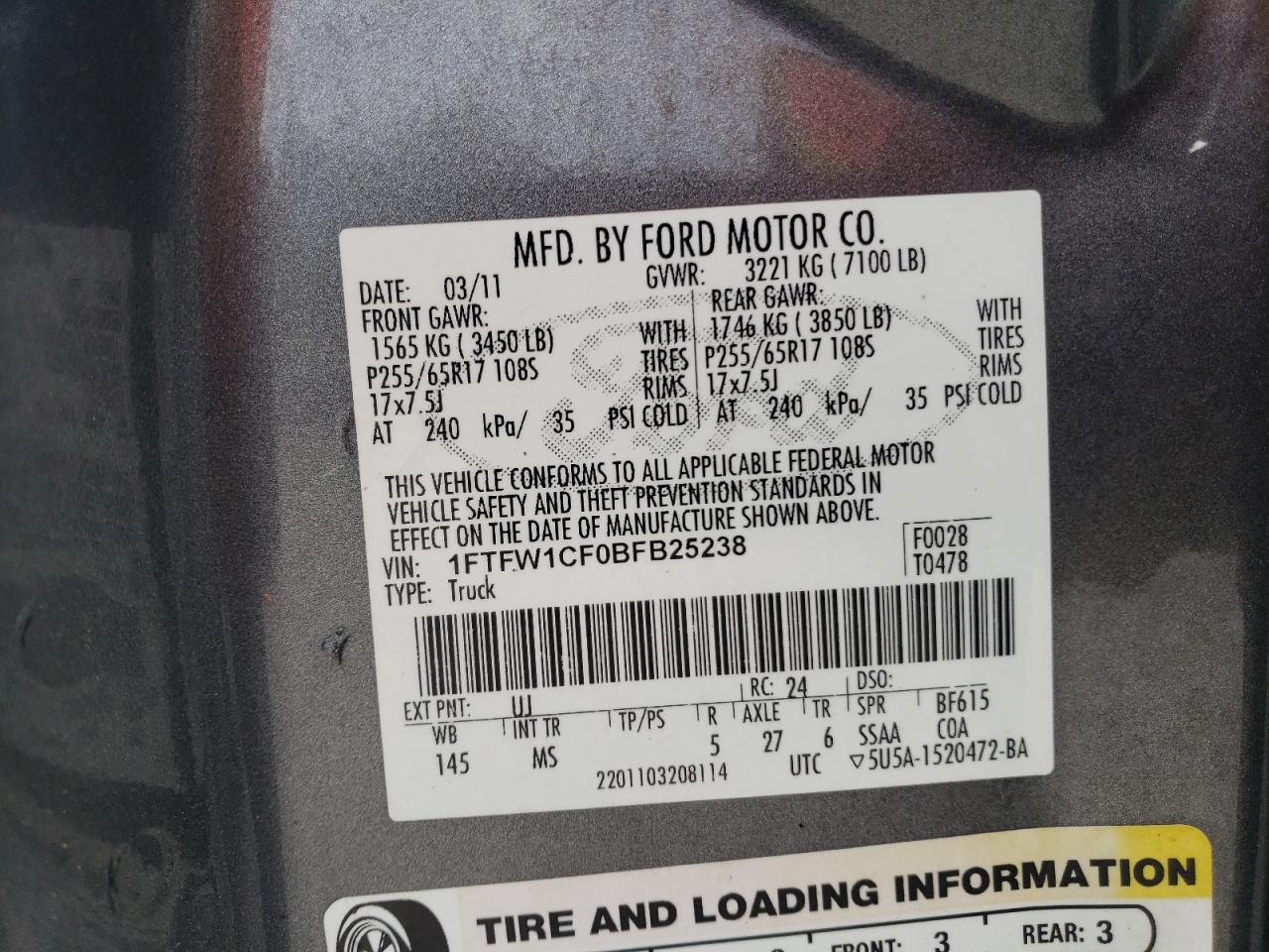2011 Ford F-150 VIN 1FTFW1CF0BFB25238 Copart auction photo, front end damage thumbnail 12
