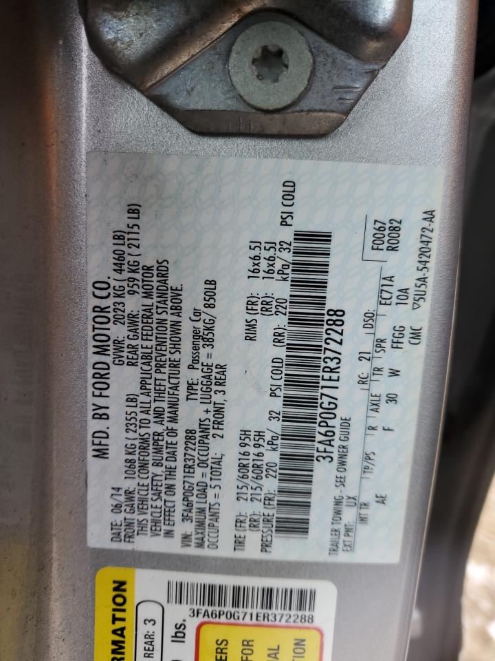2014 Ford Fusion VIN 3FA6P0G71ER372288 Copart auction photo, front end / minor dent/scratches damage thumbnail 14