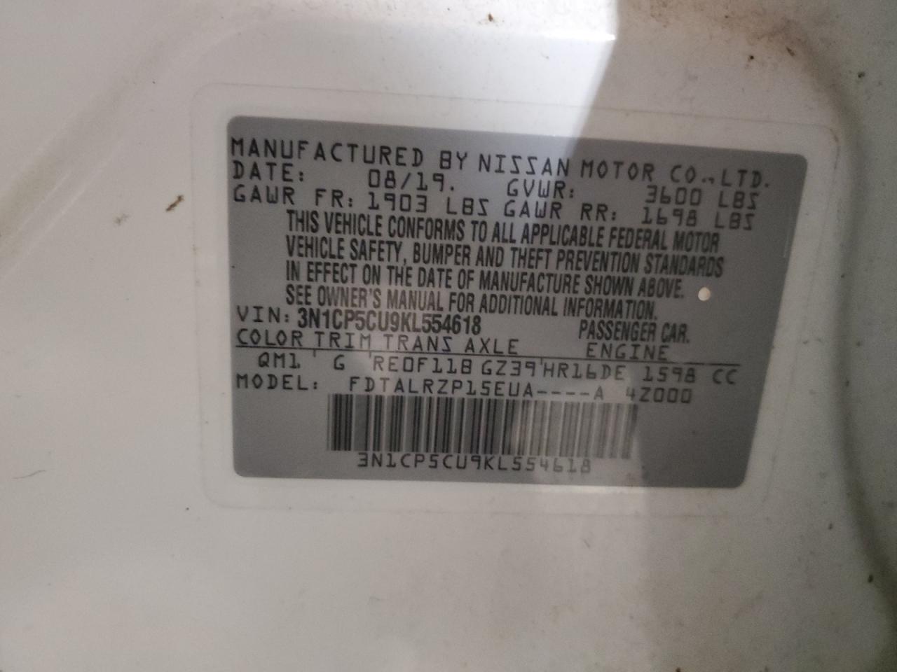 2019 Nissan Kicks VIN 3N1CP5CU9KL554618 Copart auction photo, minor dent/scratches damage thumbnail 13