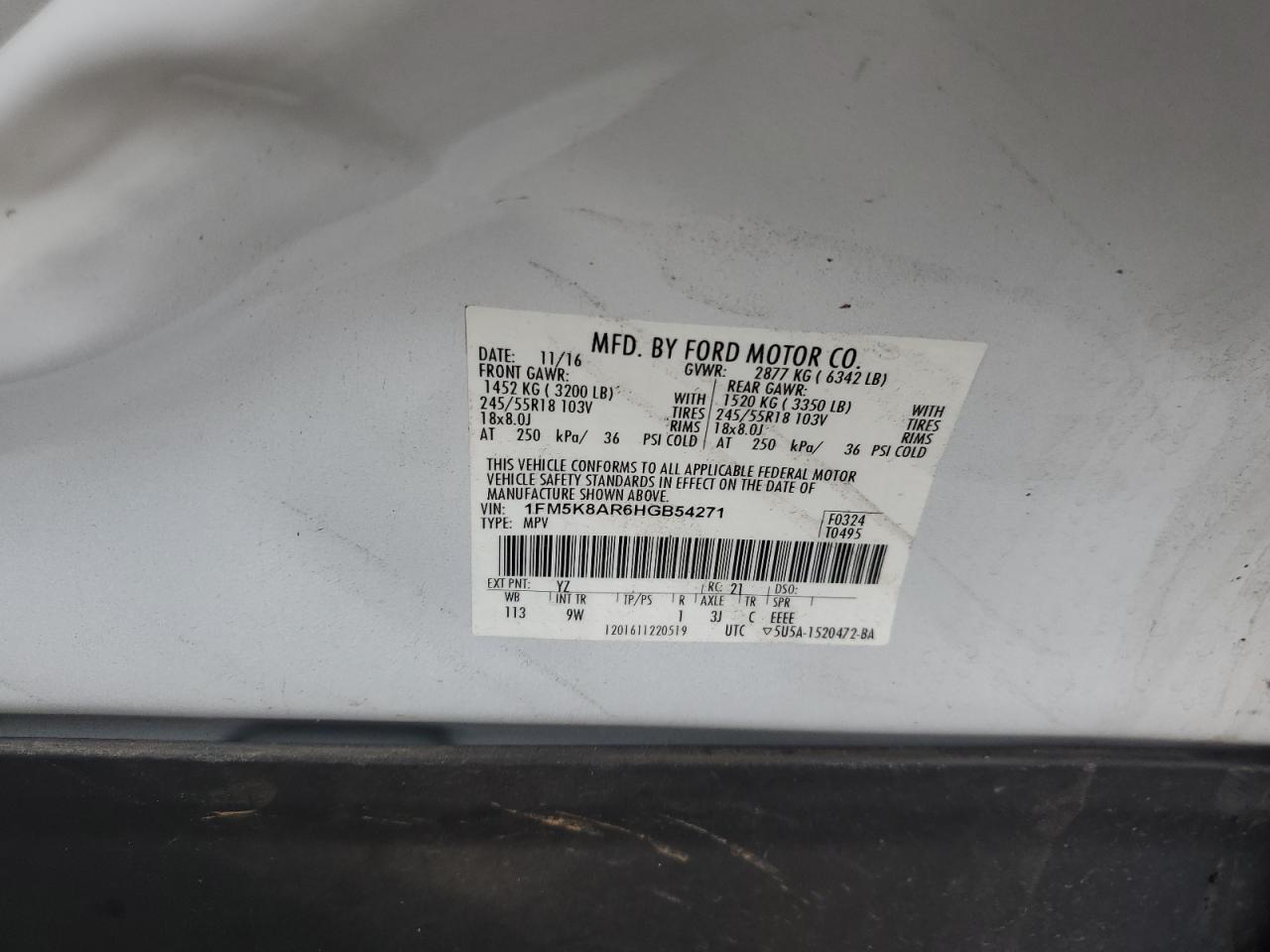 2017 Ford Explorer VIN 1FM5K8AR6HGB54271 Copart auction photo, side / minor dent/scratches damage thumbnail 12