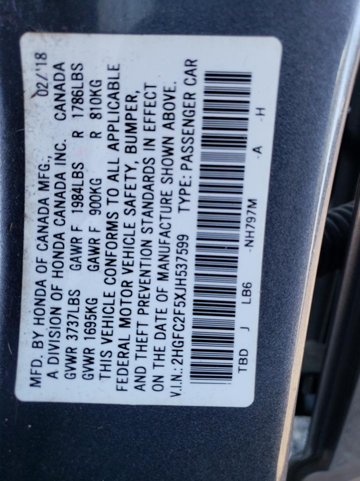 2018 Honda Civic VIN 2HGFC2F5XJH537599 Copart auction photo, side / rear end damage thumbnail 14