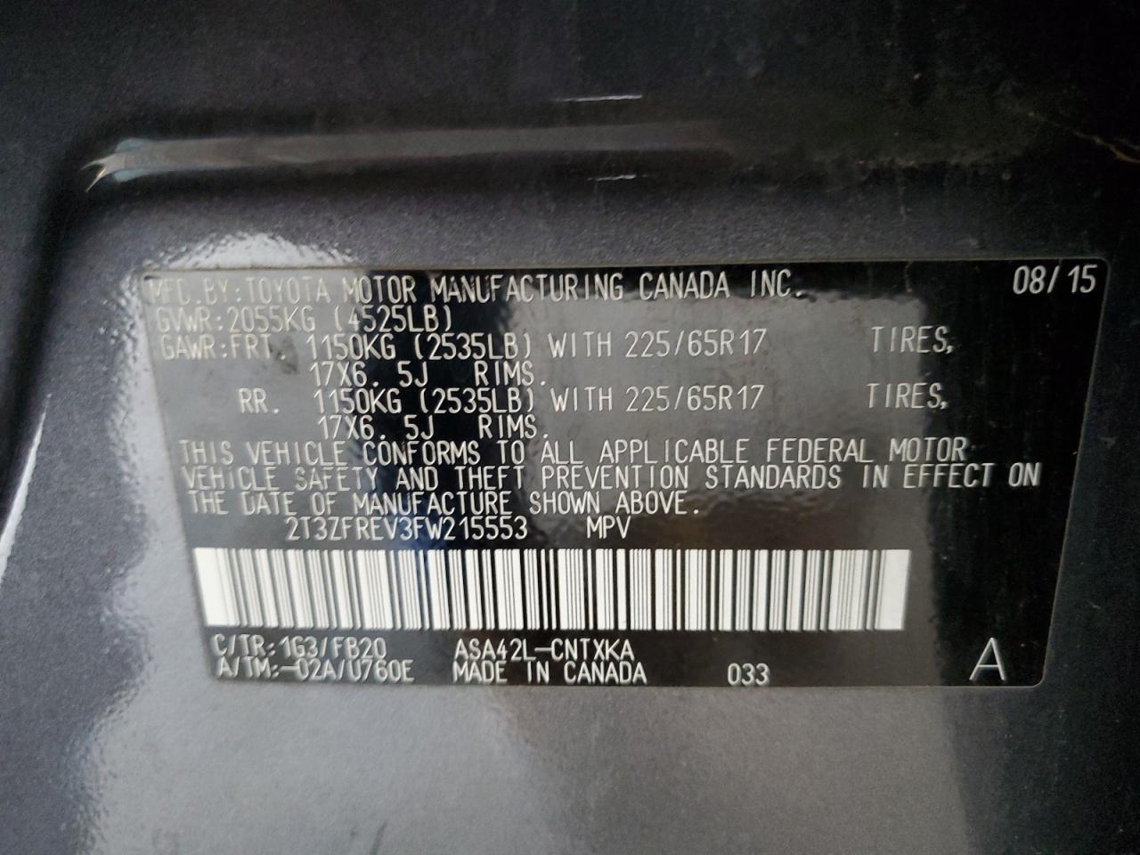 2015 Toyota RAV 4 VIN 2T3ZFREV3FW215553 Copart auction photo, front end damage thumbnail 13