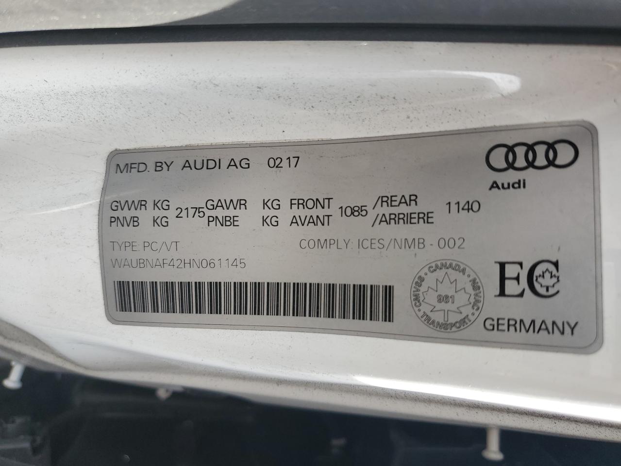 2017 Audi A4 VIN WAUBNAF42HN061145 Copart auction photo, side damage thumbnail 12