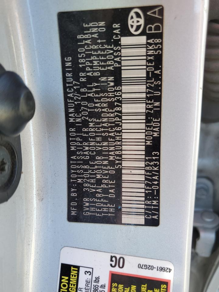 2018 Toyota Corolla VIN 5YFBURHE6JP787366 Copart auction photo, all over damage thumbnail 14
