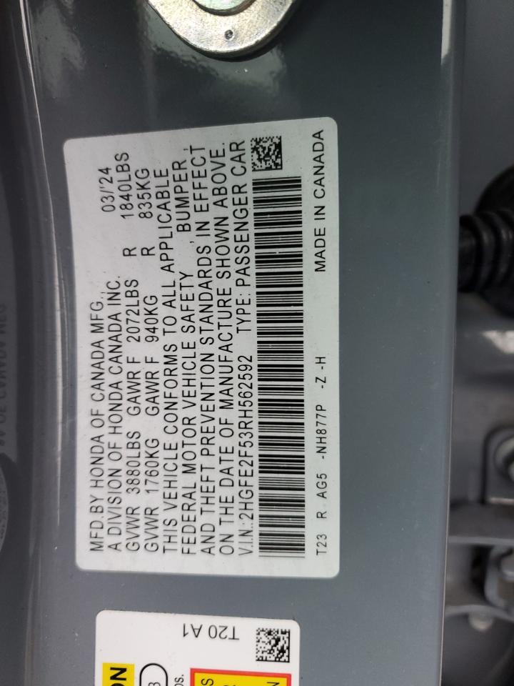 2024 Honda Civic VIN 2HGFE2F53RH562592 Copart auction photo, front end damage thumbnail 12