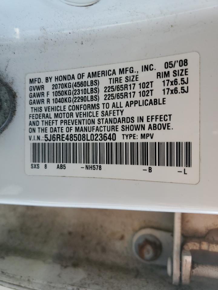 2008 Honda CR-V VIN 5J6RE48508L023640 Copart auction photo, mechanical damage thumbnail 13