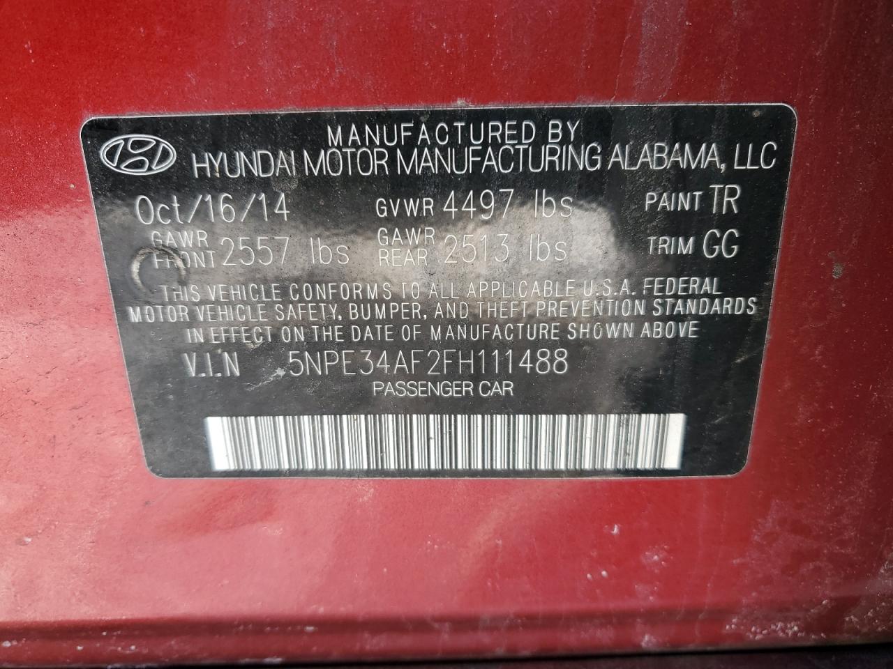 2015 Hyundai Sonata VIN 5NPE34AF2FH111488 Copart auction photo, front end / side damage thumbnail 12