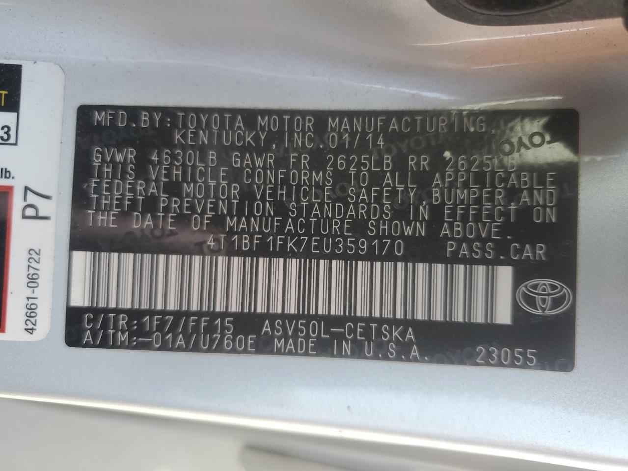 2014 Toyota Camry VIN 4T1BF1FK7EU359170 Copart auction photo, front end damage thumbnail 12