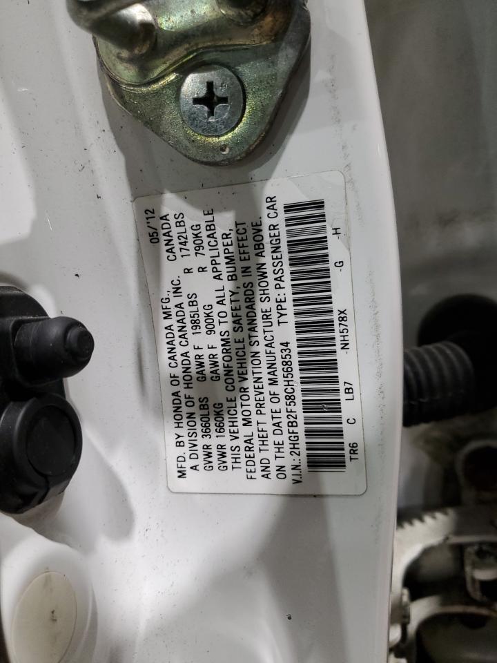2012 Honda Civic VIN 2HGFB2F58CH568534 Copart auction photo, front end / minor dent/scratches damage thumbnail 12