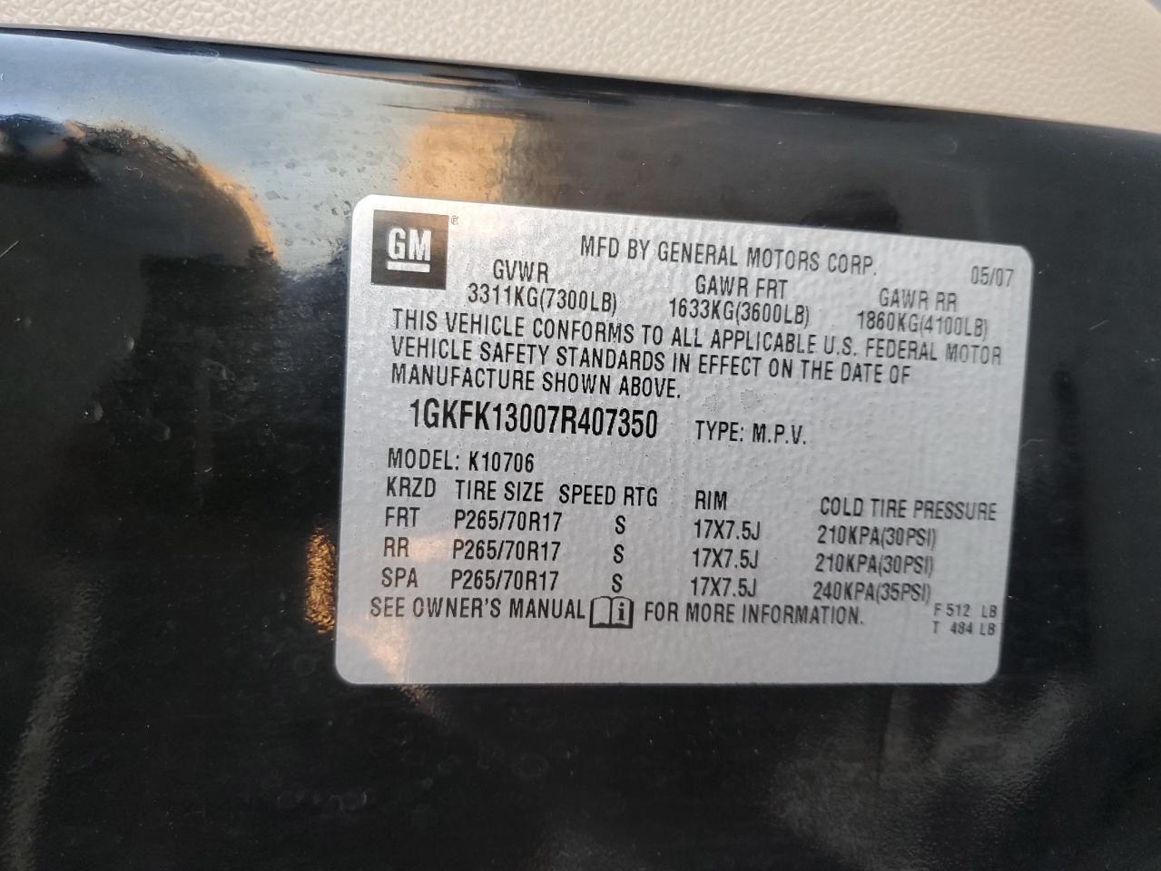 2007 GMC Yukon VIN 1GKFK13007R407350 Copart auction photo, front end damage thumbnail 13