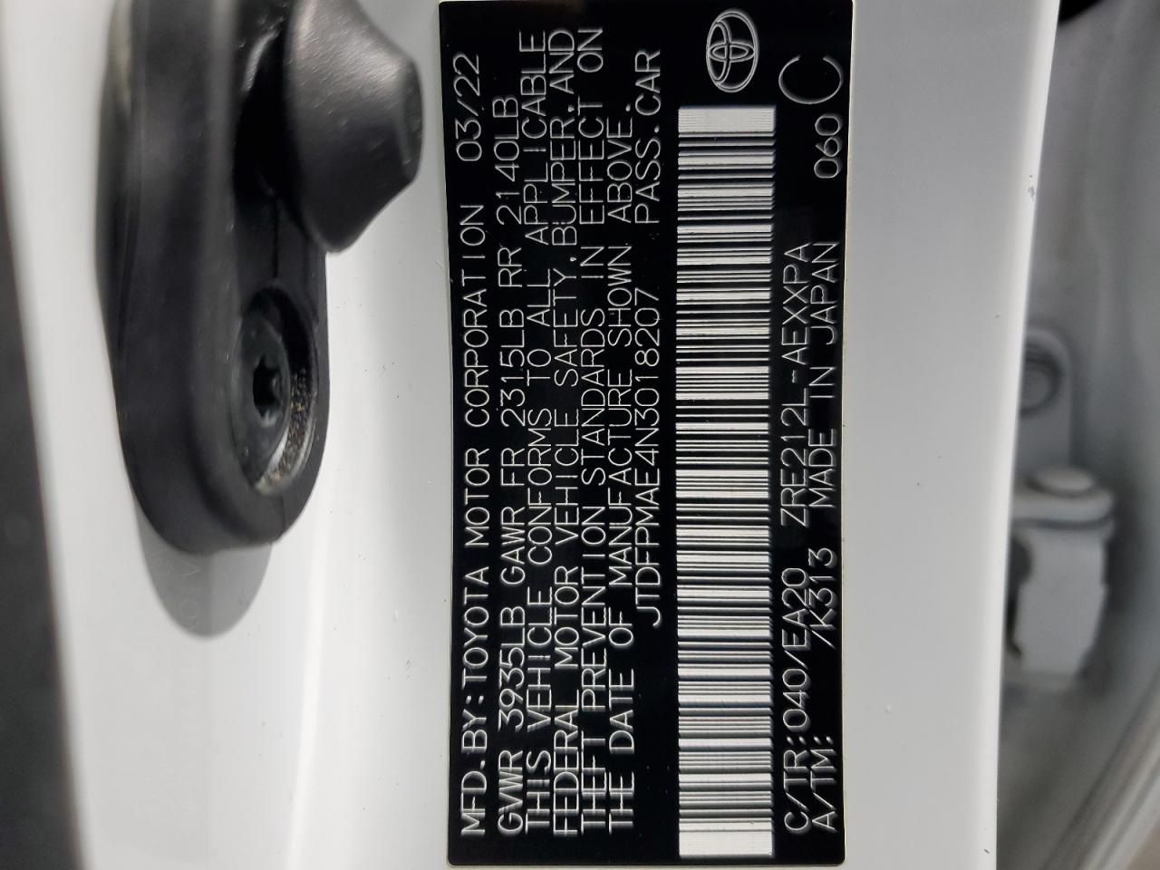 2022 Toyota Corolla VIN JTDFPMAE4N3018207 Copart auction photo, all over damage thumbnail 12