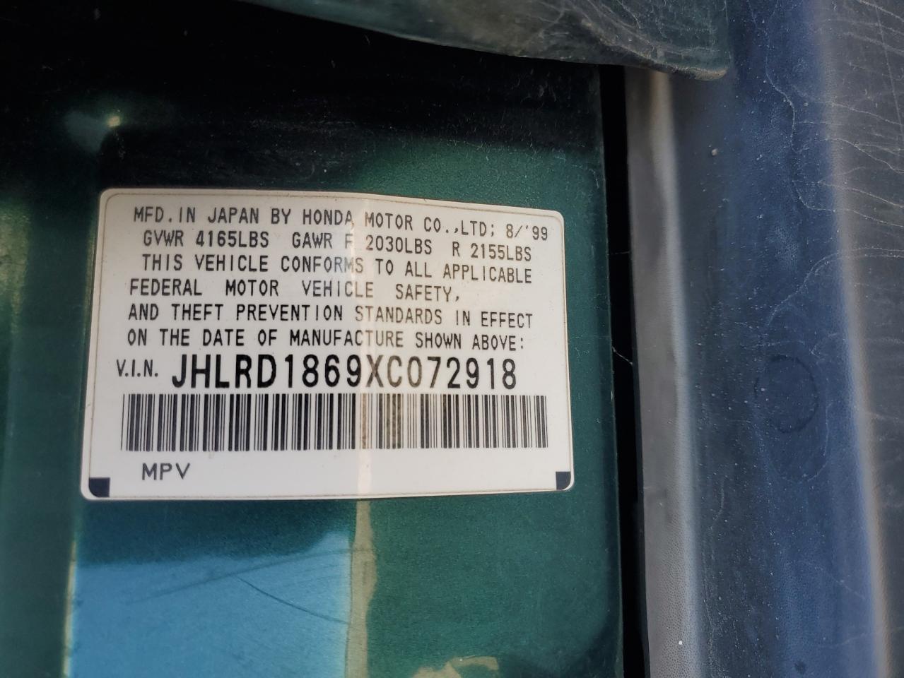 1999 Honda CR-V VIN JHLRD1869XC072918 Copart auction photo, vandalism / front end damage thumbnail 14
