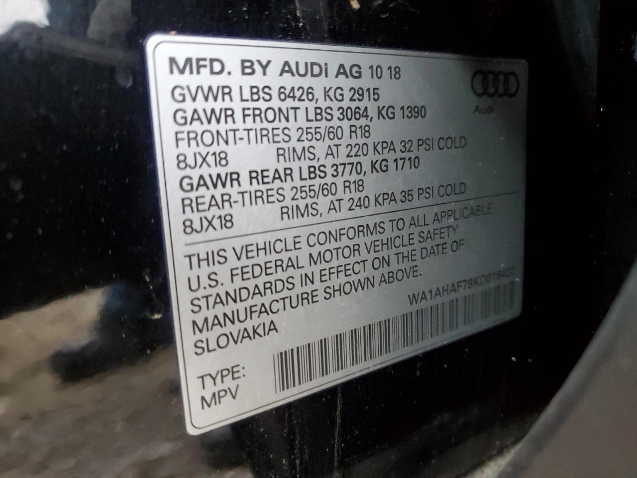 2019 Audi Q7 VIN WA1AHAF79KD016422 Copart auction photo, rear end damage thumbnail 13