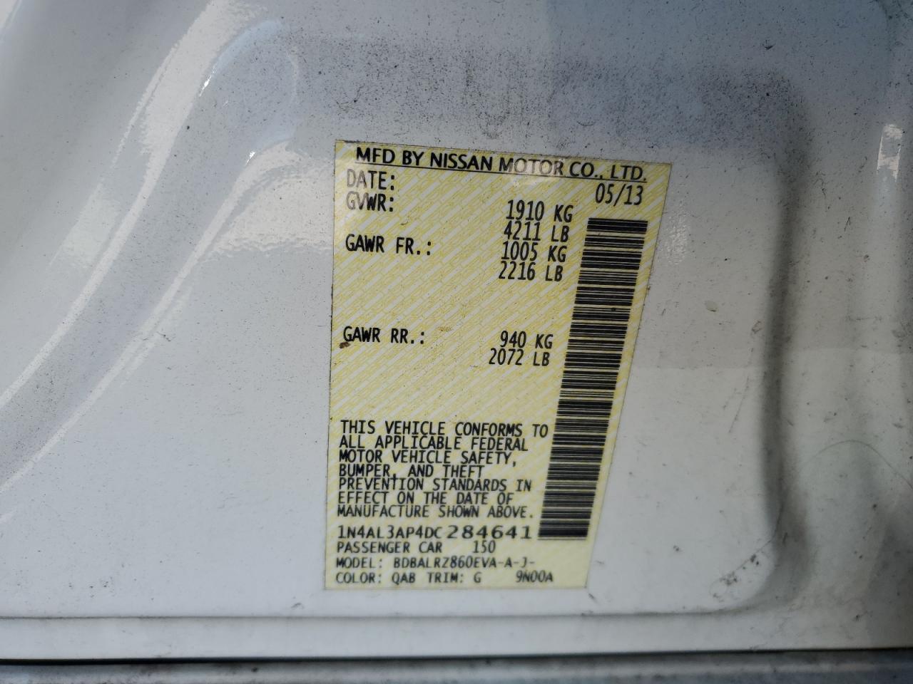 2013 Nissan Altima VIN 1N4AL3AP4DC284641 Copart auction photo, front end / side damage thumbnail 12