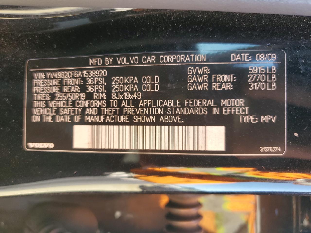 2010 Volvo XC90 VIN YV4982CF6A1538920 Copart auction photo, minor dent/scratches damage thumbnail 13