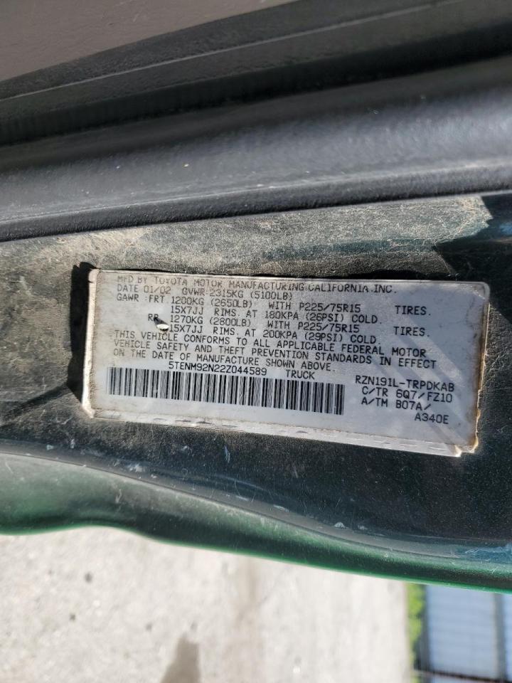 2002 Toyota Tacoma VIN 5TENM92N22Z044589 Copart auction photo, front end / side damage thumbnail 12