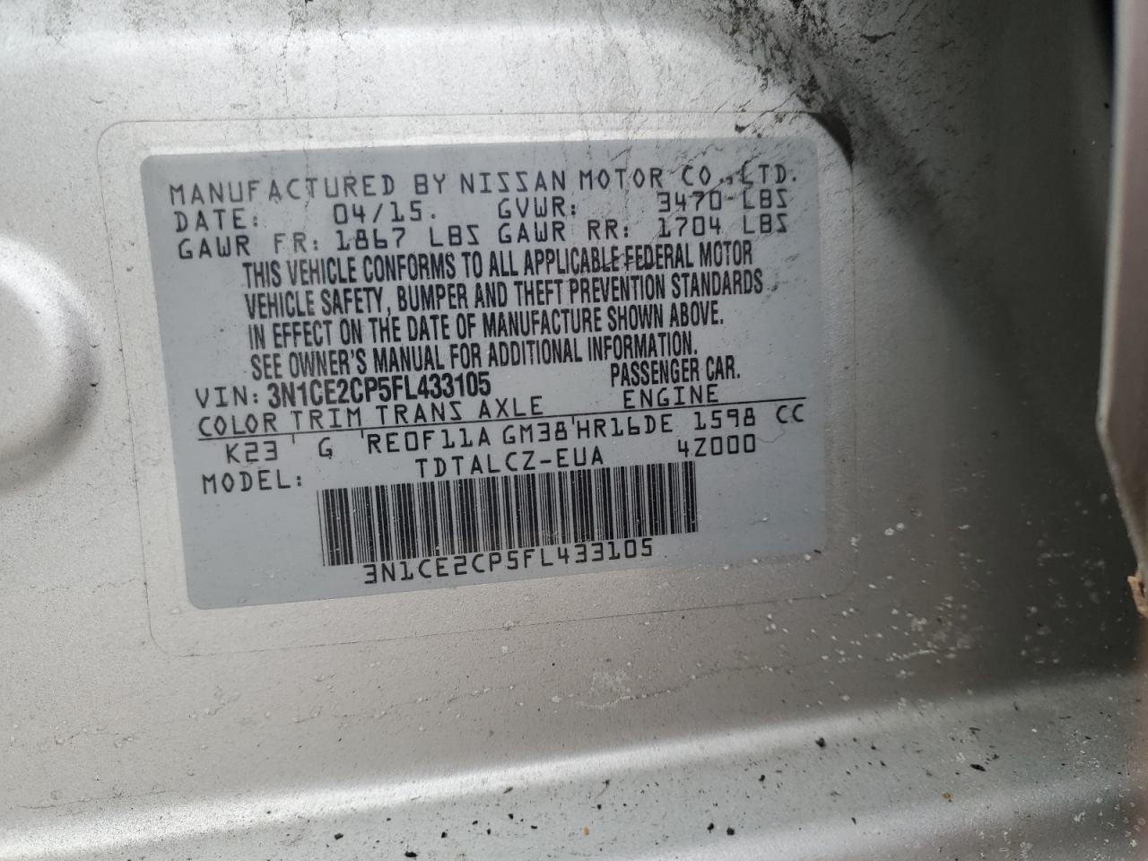 2015 Nissan Versa VIN 3N1CE2CP5FL433105 Copart auction photo, all over damage thumbnail 12