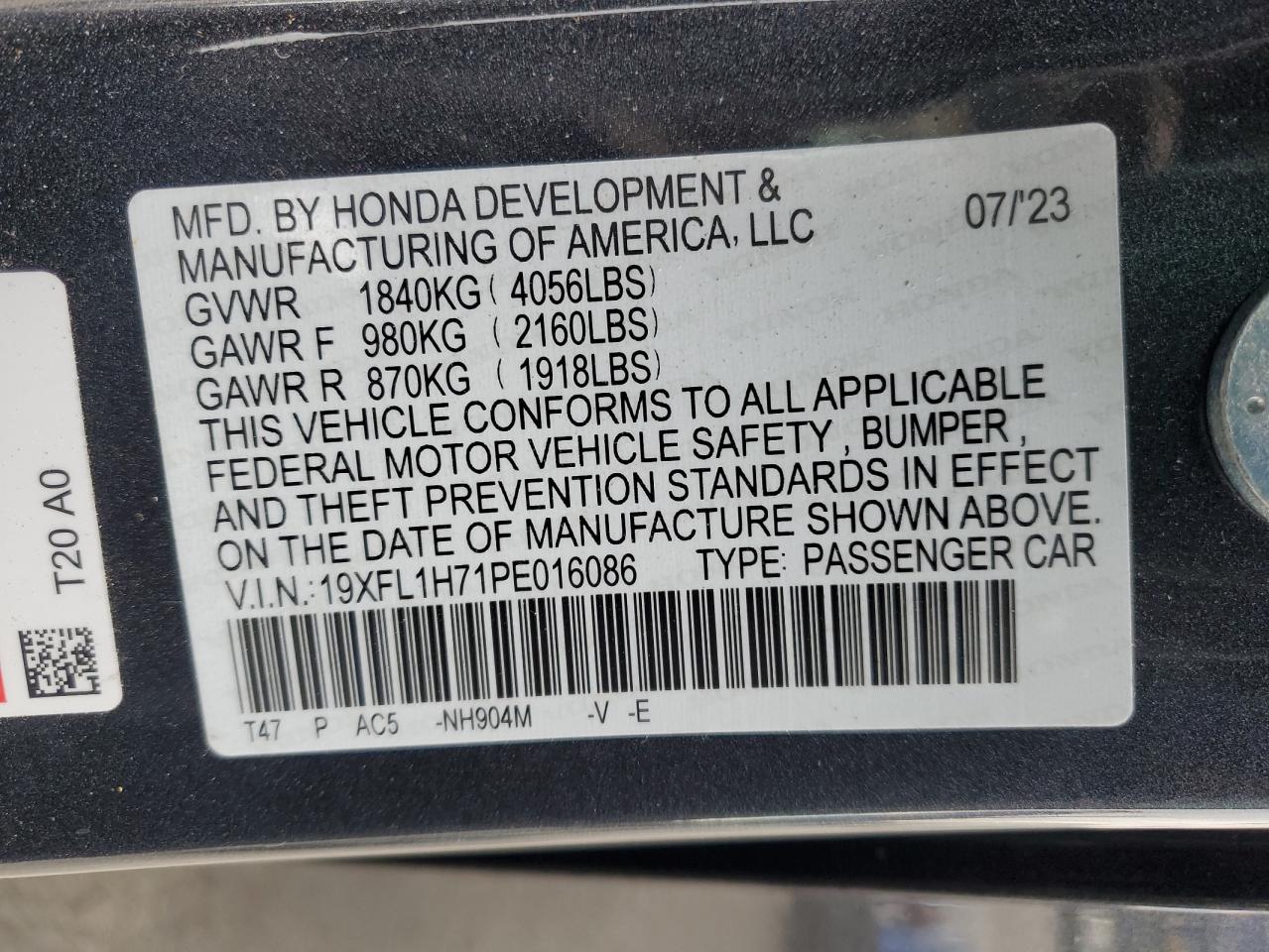 2023 Honda Civic VIN 19XFL1H71PE016086 Copart auction photo, all over damage thumbnail 14