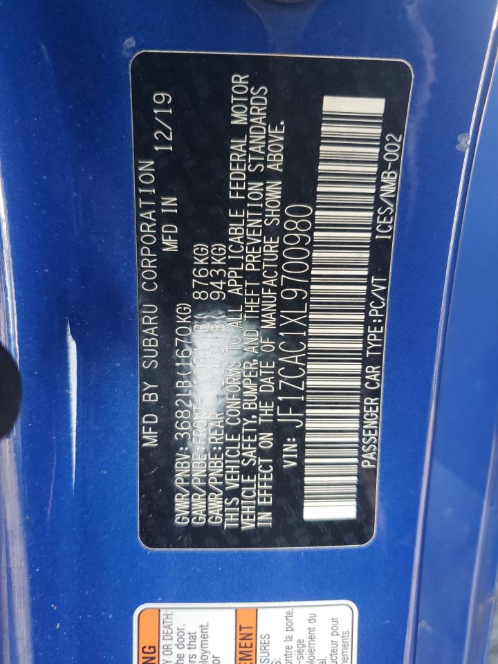 2020 Subaru BRZ VIN JF1ZCAC1XL9700980 Copart auction photo, front end damage thumbnail 14