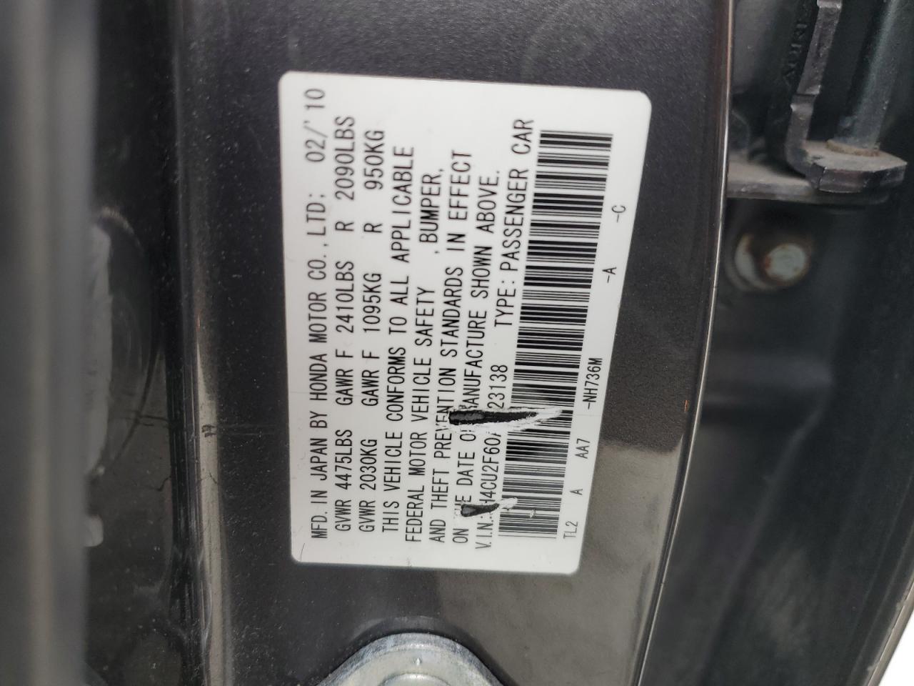 2010 Acura TSX VIN JH4CU2F60AC023138 Copart auction photo, front end / rear end damage thumbnail 12