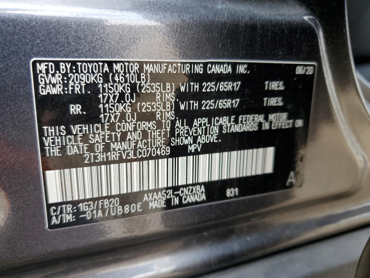 2020 Toyota RAV 4 VIN 2T3H1RFV3LC070469 Copart auction photo, front end / rear end damage thumbnail 16