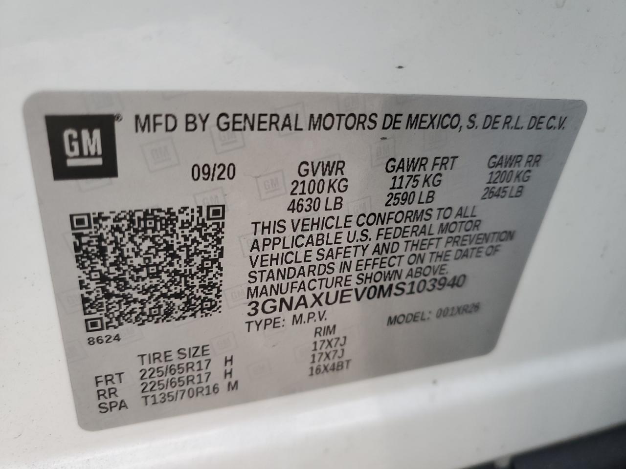 2021 Chevrolet Equinox VIN 3GNAXUEV0MS103940 Copart auction photo, rear end damage thumbnail 13