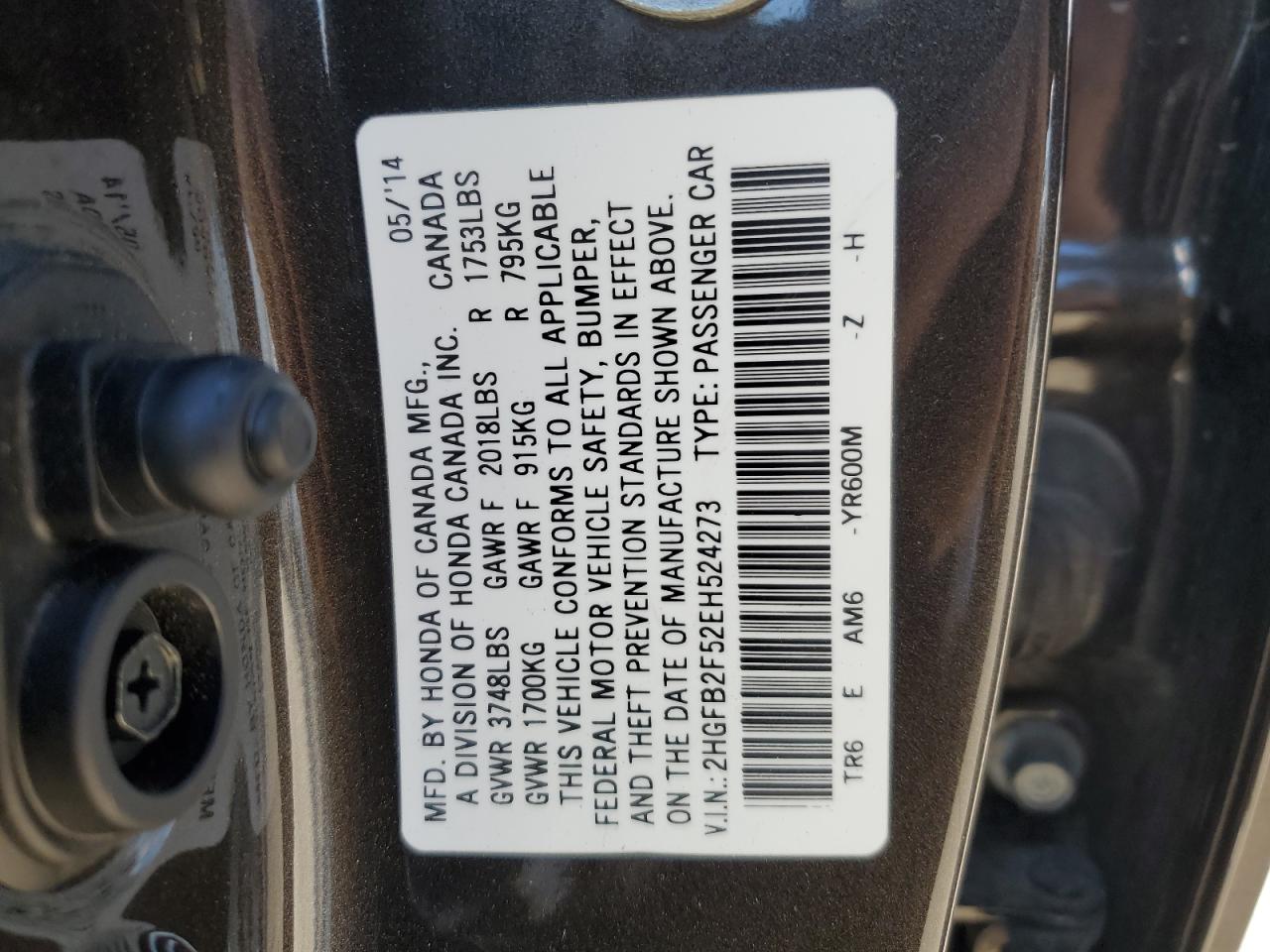 2014 Honda Civic VIN 2HGFB2F52EH524273 Copart auction photo, front end damage thumbnail 13