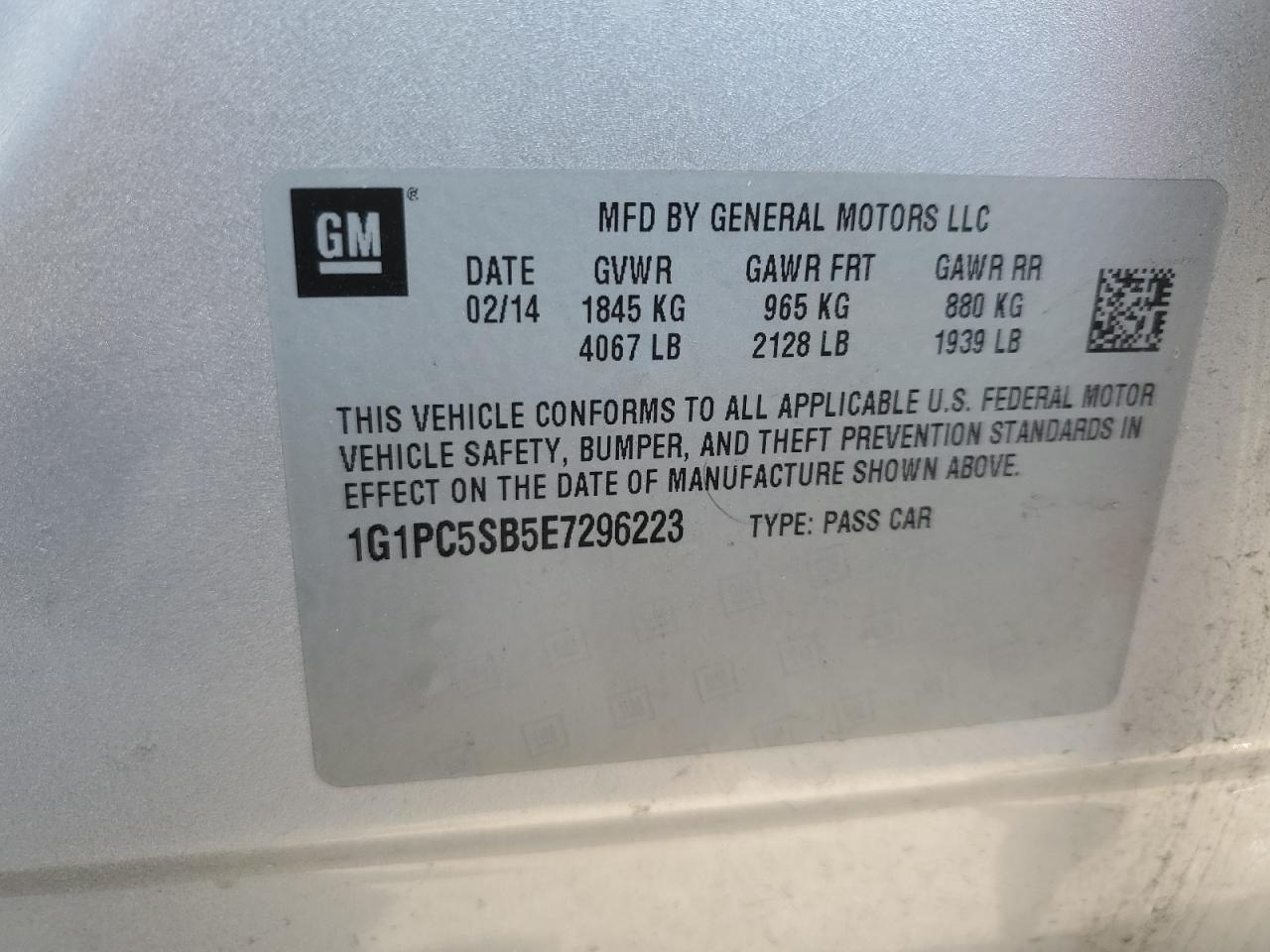 2014 Chevrolet Cruze VIN 1G1PC5SB5E7296223 Copart auction photo, side damage thumbnail 14