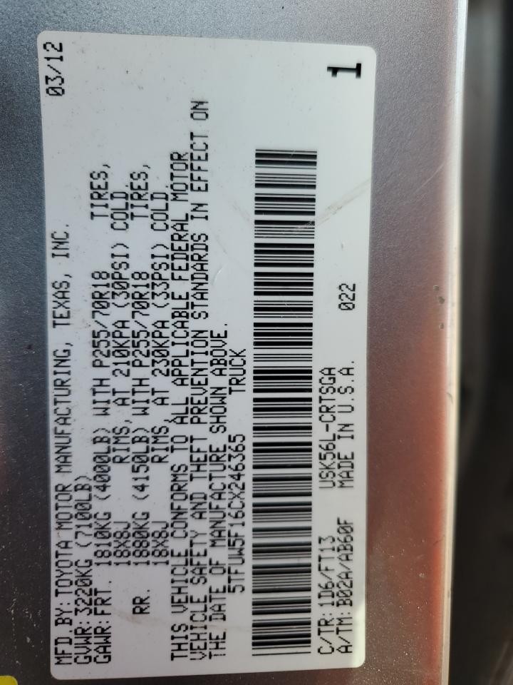 2012 Toyota Tundra VIN 5TFUW5F16CX246365 Copart auction photo, rear end / side damage thumbnail 14