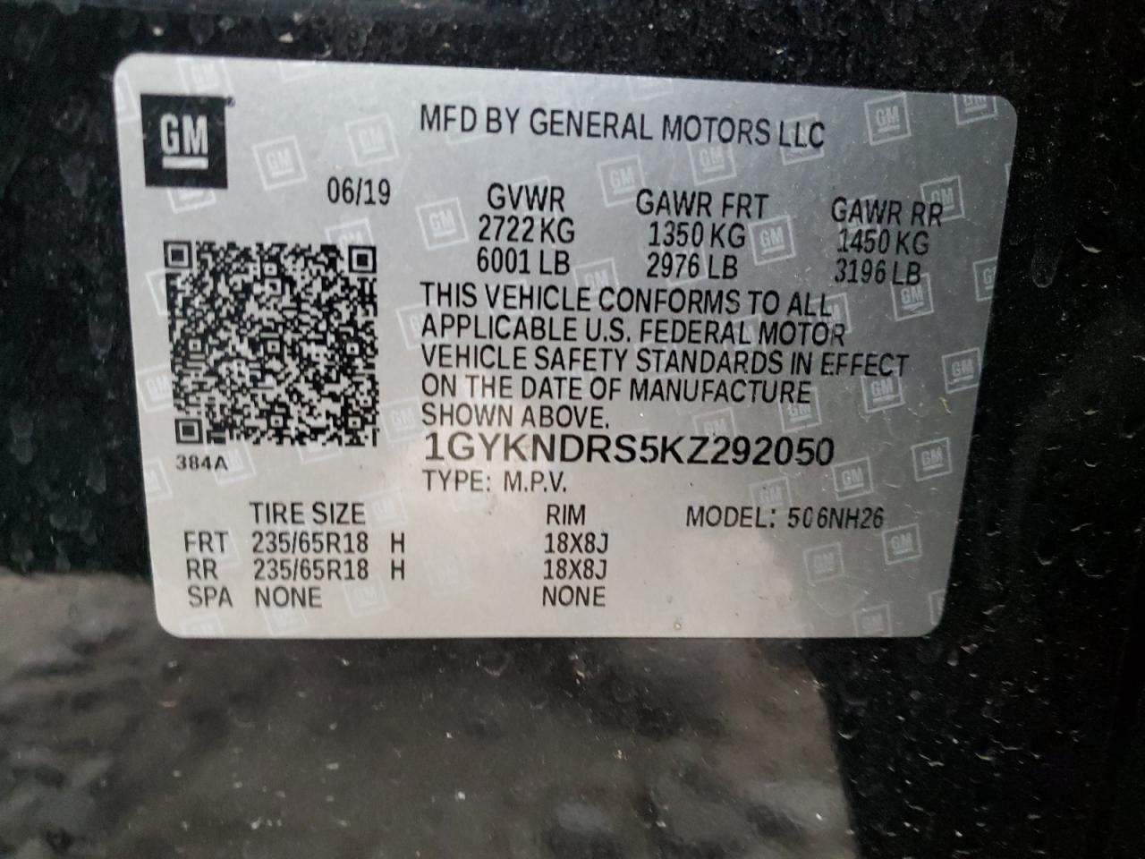 2019 Cadillac XT5 VIN 1GYKNDRS5KZ292050 Copart auction photo, front end / side damage thumbnail 13