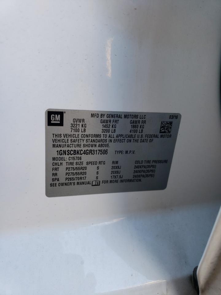 2016 Chevrolet Tahoe VIN 1GNSCBKC4GR317506 Copart auction photo, rear end damage thumbnail 13