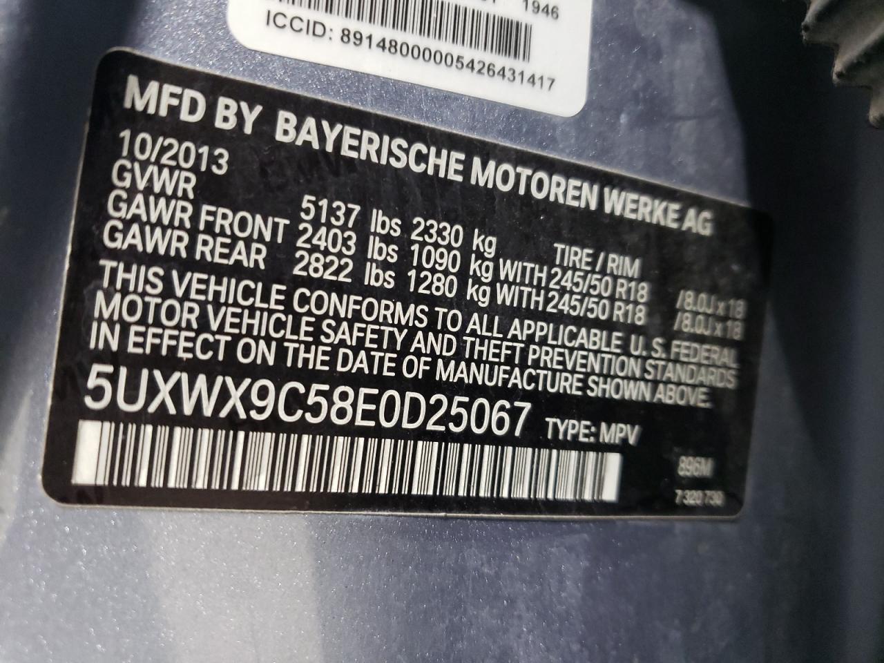 2014 BMW X3 VIN 5UXWX9C58E0D25067 Copart auction photo, normal wear damage thumbnail 13