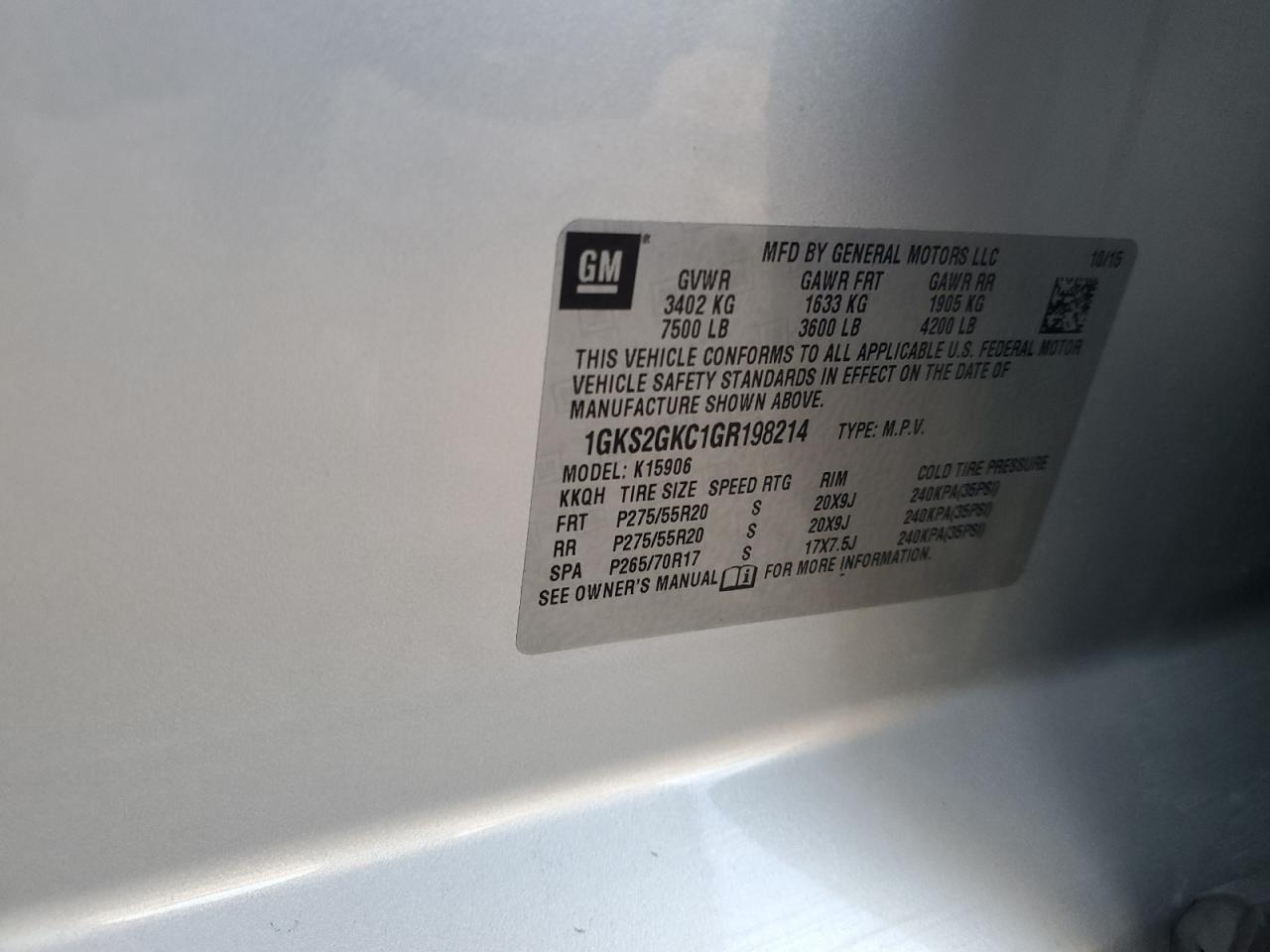 2016 GMC Yukon VIN 1GKS2GKC1GR198214 Copart auction photo, top/roof damage thumbnail 15