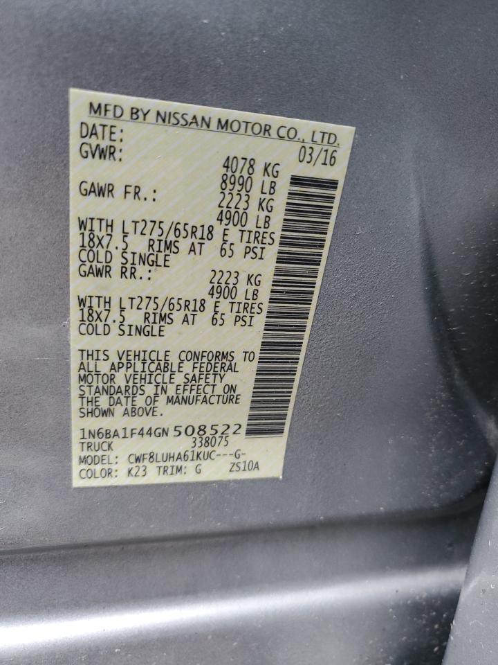 2016 Nissan Titan VIN 1N6BA1F44GN508522 Copart auction photo, all over damage thumbnail 12