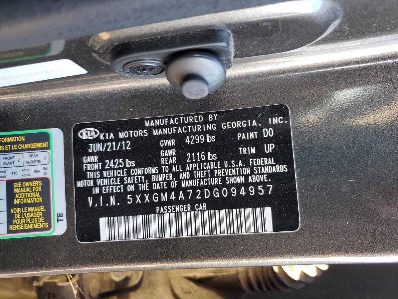 2013 KIA Optima VIN 5XXGM4A72DG094957 Copart auction photo, front end / minor dent/scratches damage thumbnail 15