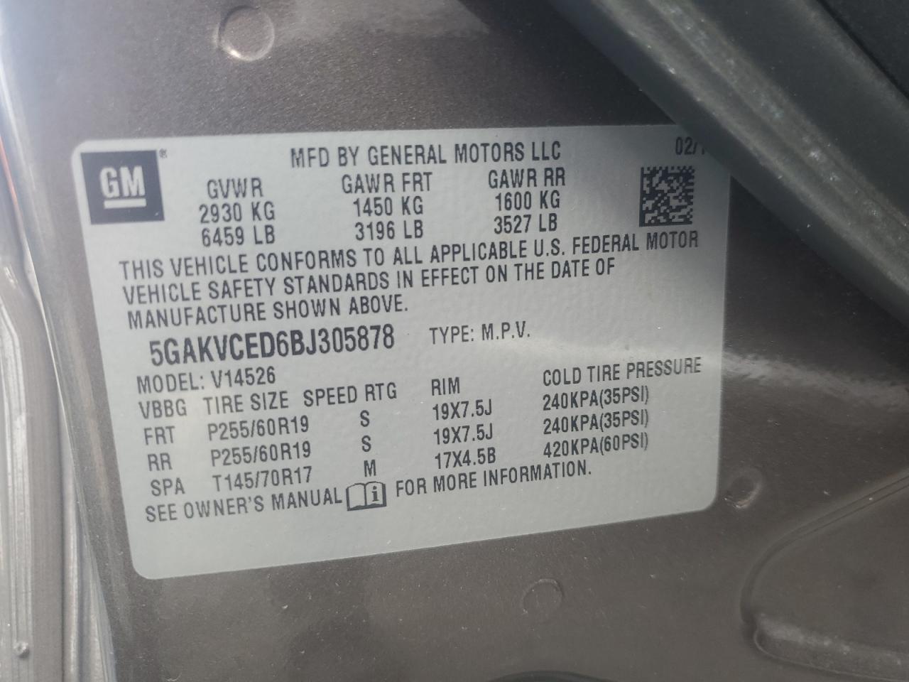 2011 Buick Enclave VIN 5GAKVCED6BJ305878 Copart auction photo, front end / minor dent/scratches damage thumbnail 13