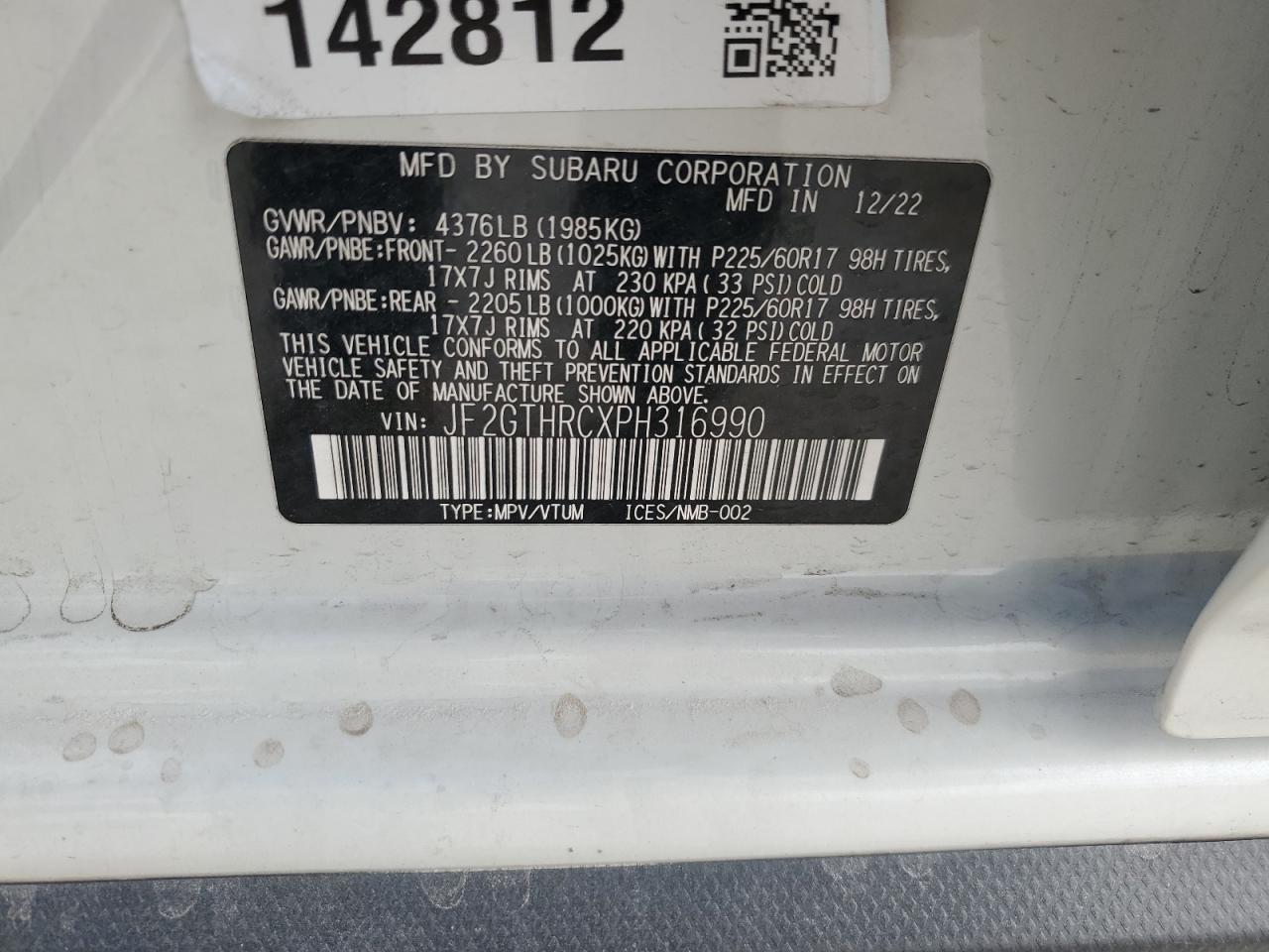 2023 Subaru XV VIN JF2GTHRCXPH316990 Copart auction photo, side / front end damage thumbnail 13