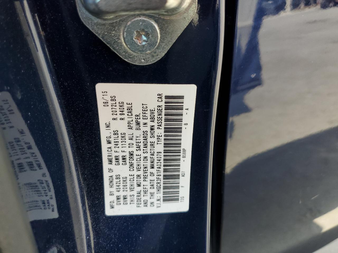 2015 Honda Accord VIN 1HGCR3F81FA034079 Copart auction photo, rear end damage thumbnail 12
