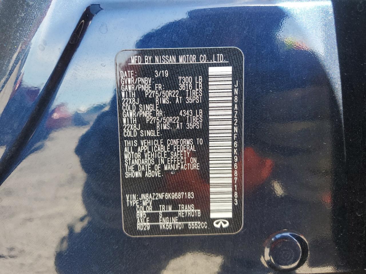 2019 Infiniti QX80 VIN JN8AZ2NF6K9687183 Copart auction photo, front end damage thumbnail 13