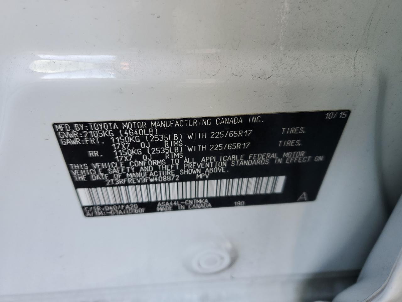 2015 Toyota RAV 4 VIN 2T3RFREV9FW408872 Copart auction photo, front end damage thumbnail 13