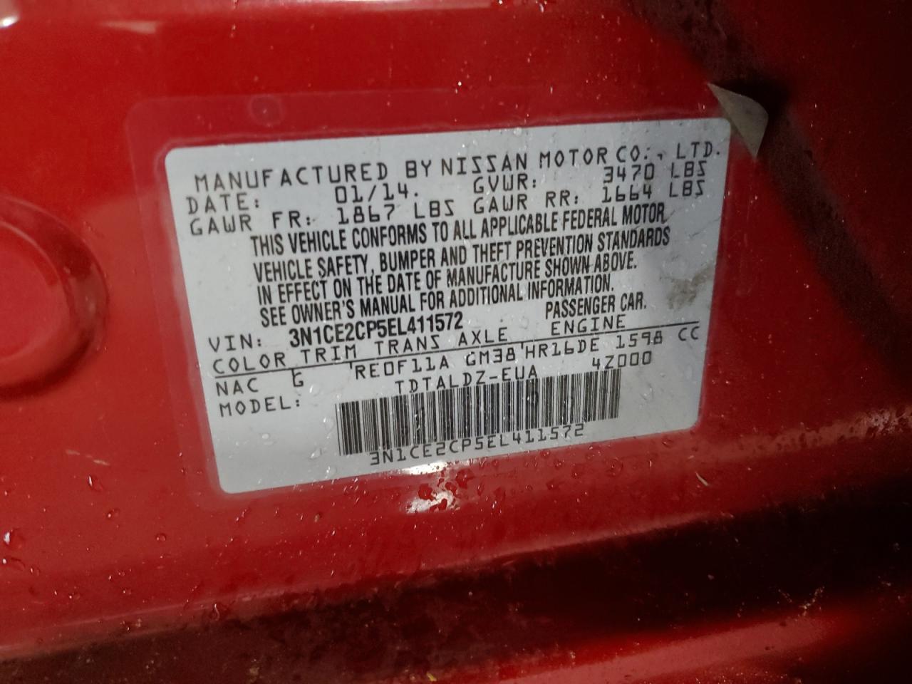2014 Nissan Versa VIN 3N1CE2CP5EL411572 Copart auction photo, side damage thumbnail 12