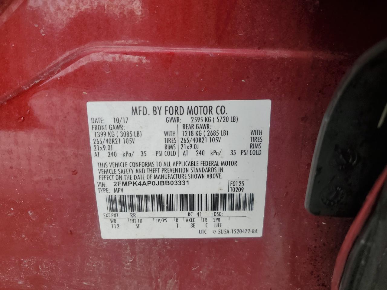 2018 Ford Edge VIN 2FMPK4AP0JBB03331 Copart auction photo, side damage thumbnail 13