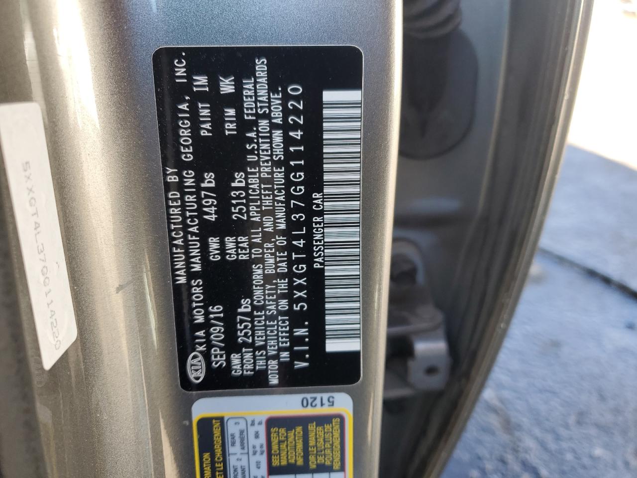 2016 KIA Optima VIN 5XXGT4L37GG114220 Copart auction photo, rear end damage thumbnail 12