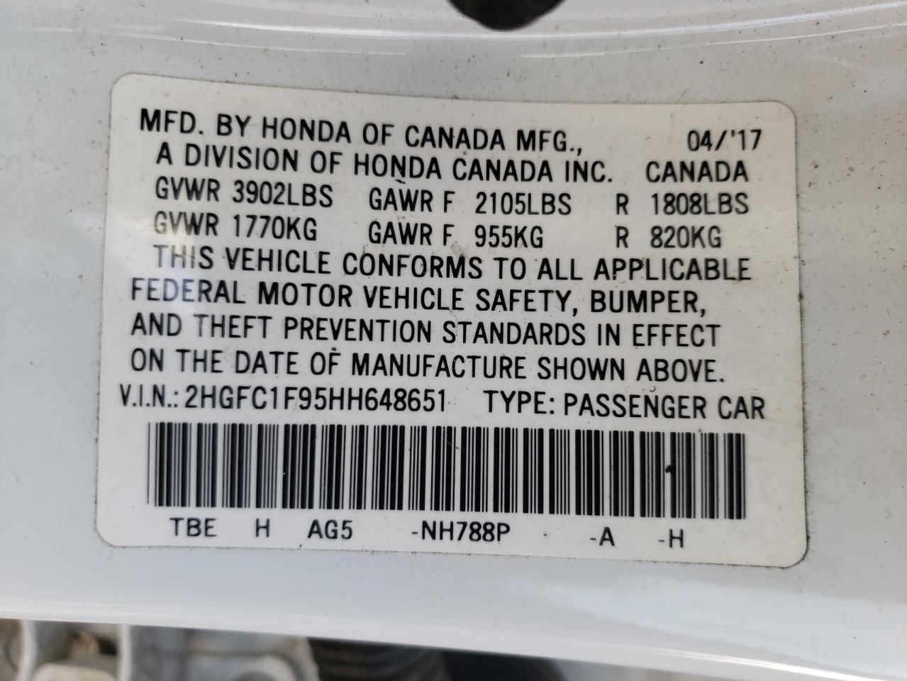 2017 Honda Civic VIN 2HGFC1F95HH648651 Copart auction photo, front end / mechanical damage thumbnail 12